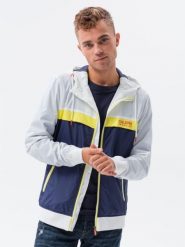 Kurtka męska wiatrówka z kapturem - granatowa V1 - Rozmiar: L. Niebieskie kurtki męskie Ombre Clothing, l, bez wzorów, bez ramiączek, z kapturem. W wyprzedaży za 49.99 zł.