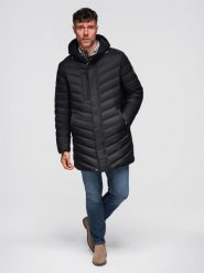 Długa pikowana kurtka męska z naturalnym wypełnieniem - czarna V1 - Rozmiar: XL. Czarne kurtki męskie Ombre Clothing, l, bez wzorów, z materiału, eleganckie, bez ramiączek, bez kaptura. Za 799.99 zł.