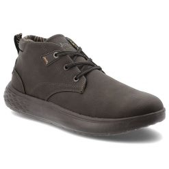 Botki męskie Jeep, na grubej podeszwie z okrągłym noskiem i sznurowane, ciemnobrązowe, JM52122A-030. Brązowe sztyblety męskie Jeep, z materiału, z okrągłym noskiem, bez obcasa, bez zapięcia. Za 269.00 zł.