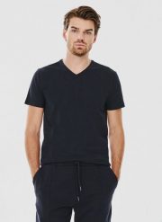 PAKO LORENTE – Granatowy gładki t-shirt v-neck. Niebieskie t-shirty męskie Pako Lorente, s, bez wzorów, z bawełny, bez kołnierzyka, bez ramiączek. Za 69.99 zł.