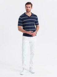 Męska koszulka polo w poziome paski z wiskozą granatowo-biała V1 OM-POSS-0145 XL. Białe koszulki polo męskie Ombre, m, bez wzorów, z wiskozy, bez kołnierzyka, bez ramiączek. Za 302.57 zł.