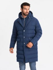 Długa pikowana kurtka męska z klapami i podpinką – ciemnoniebieska V1 - Rozmiar: L. Niebieskie kurtki męskie Ombre Clothing, l, bez wzorów, z materiału, eleganckie, bez ramiączek. W wyprzedaży za 199.99 zł.