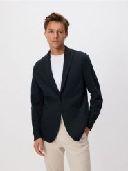 Marynarka slim fit - ciemnozielony. Zielone marynarki męskie Reserved, l, bez wzorów, z bawełny. W wyprzedaży za 159.99 zł.