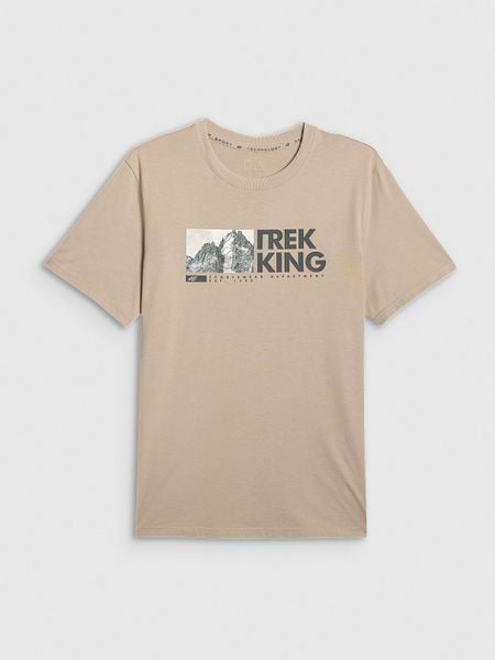 4F T-shirt regular z nadrukiem męski - beżowy S. Brązowe t-shirty męskie 4f, m, bez wzorów, z bawełny, bez kołnierzyka, bez ramiączek. Za 59.99 zł.