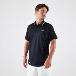 Koszulka polo do tenisa męska Artengo Dry. Czarne koszulki polo męskie KUIKMA, m, bez wzorów, z elastanu, sportowe, bez kołnierzyka, bez ramiączek. Za 69.99 zł.