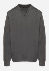 Jasnoszary Sweter z Wełną Zdobiony Guzikami przy Dekolcie Acandria. Szare swetry męskie Born2be, z aplikacjami, z dzianiny, eleganckie, bez kołnierzyka, bez ramiączek. Za 59.99 zł.