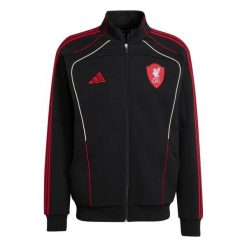 Kurtka dresowa Liverpool FC UBP DKTT 2025/26. Czarne kurtki męskie ADIDAS, bez wzorów, z dresówki, sportowe, bez ramiączek, bez kaptura. W wyprzedaży za 334.00 zł.