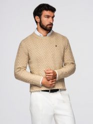 Sweter męski z dzianiny o zygzakowym splocie – piaskowy V1. Swetry męskie Ombre Clothing, bez wzorów, z bawełny, biznesowe, bez kołnierzyka, bez ramiączek. W wyprzedaży za 129.99 zł.