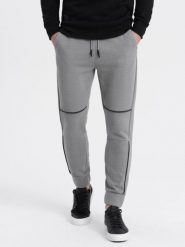 Spodnie męskie dresowe z kontrastowymi przeszyciami - szare V2. Szare spodnie dresowe męskie Ombre Clothing, bez wzorów, z bawełny. W wyprzedaży za 89.99 zł.