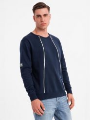 Bluza męska z ozdobnymi zamkami z przodu – granatowa V2 OM-SSNZ-0187 - XXL. Niebieskie bluzy nierozpinane męskie Ombre Clothing, l, z aplikacjami, z bawełny, bez ramiączek, bez kaptura. Za 113.99 zł.