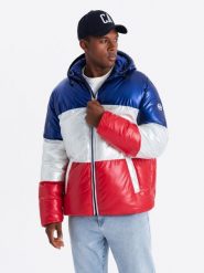 Kurtka męska zimowa trzykolorowa świecąca - granatowa V3. Niebieskie kurtki męskie Ombre Clothing, na zimę, l, bez wzorów, z poliesteru, bez ramiączek, bez kaptura. W wyprzedaży za 99.99 zł.