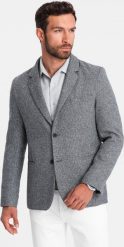 Ombre Męska marynarka casual z ozdobnym pinem na klapie - szary melanż V1 OM-BLZB-0120 L. Szare marynarki męskie Ombre, l, bez wzorów. Za 309.99 zł.