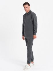 Komplet męski dresowy bluza z kołnierzem polo + spodnie - grafitowy melanż V1 - Rozmiar: M. Szare bluzy nierozpinane męskie Ombre Clothing, m, bez wzorów, z bawełny, bez ramiączek, bez kaptura. W wyprzedaży za 262.49 zł.