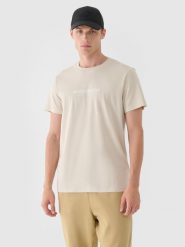 4F T-shirt regular z nadrukiem męski - beżowy XL. Brązowe t-shirty męskie 4f, m, bez wzorów, z bawełny, bez kołnierzyka, bez ramiączek. W wyprzedaży za 39.99 zł.