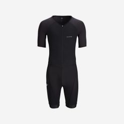 Kombinezon do triathlonu męski Van Rysel Trifonction na krótki dystans. Niebieskie buty do biegania męskie VAN RYSEL, bez wzorów, ze skóry, bez zapięcia, do biegania. Za 249.99 zł.