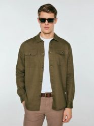Lniana koszula męska khaki Workelin 303. Zielone koszule męskie Big Star, l, bez wzorów, z tkaniny, bez kołnierzyka, bez ramiączek. Za 249.99 zł.