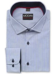 Biało-niebieska koszula męska w prążki Y57. Białe koszule męskie Modini Moda Męska, m, bez wzorów, z bawełny, bez kołnierzyka, bez ramiączek. W wyprzedaży za 169.20 zł.