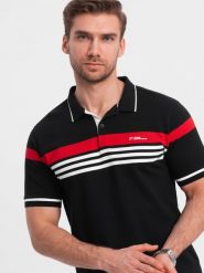 Ombre Dopasowana męska koszulka polo z dwukolorowymi pasami czarna V2 OM-POSS-0127 S. Czarne koszulki polo męskie Ombre, m, bez wzorów, bez kołnierzyka, bez ramiączek. Za 49.99 zł.