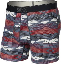 SAXX Bokserki męskie trekkingowe / sportowe z rozporkiem SAXX QUEST Boxer Brief Fly geometryczny wzór - bordowe S. Czerwone bokserki męskie Saxx, m, bez wzorów. Za 103.99 zł.