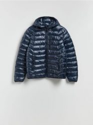 Pikowana kurtka z kapturem - granatowy. Niebieskie kurtki męskie Reserved, l, bez wzorów, z tkaniny, bez ramiączek, z kapturem. Za 229.99 zł.