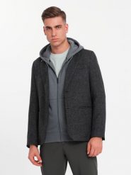 Męska marynarka casual z ozdobnym pinem na klapie - grafitowy melanż V2 - Rozmiar: S. Szare marynarki męskie Ombre Clothing, m, bez wzorów, z poliesteru. W wyprzedaży za 139.99 zł.