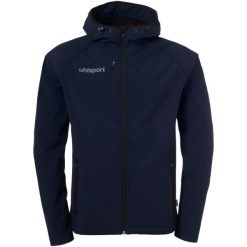 Kurtka softshell Uhlsport Essential. Niebieskie kurtki softshell męskie Uhlsport, bez wzorów, z materiału, bez kaptura, do piłki nożnej. W wyprzedaży za 432.00 zł.
