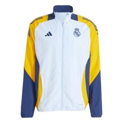 Bluza dresowa Prematch Real Madrid 2024/25. Niebieskie bluzy nierozpinane męskie ADIDAS, bez wzorów, z dresówki, sportowe, bez ramiączek, bez kaptura. W wyprzedaży za 322.40 zł.