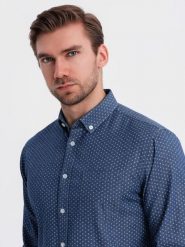 Wzorzysta męska koszula z cienkiego jeansu z kieszonką – niebieska V2 - Rozmiar: M. Niebieskie koszule męskie Ombre Clothing, m, bez wzorów, z bawełny, bez kołnierzyka, bez ramiączek. W wyprzedaży za 129.99 zł.