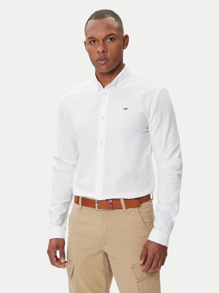 Tommy Jeans Koszula Oxford DM0DM09594 Biały Slim Fit. Białe koszule męskie Tommy Jeans, m, bez wzorów, z bawełny, bez kołnierzyka, bez ramiączek. Za 249.99 zł.
