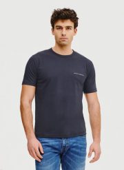 PAKO LORENTE – Granatowy t-shirt męski. Niebieskie t-shirty męskie Pako Lorente, m, bez wzorów, z bawełny, bez kołnierzyka, bez ramiączek. Za 69.99 zł.