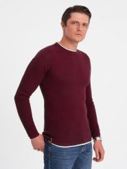 Bawełniany sweter męski z okrągłym dekoltem - bordowy V8 - Rozmiar: XXL. Czerwone swetry męskie Ombre Clothing, bez wzorów, z bawełny, klasyczne, bez kołnierzyka, bez ramiączek. W wyprzedaży za 69.99 zł.