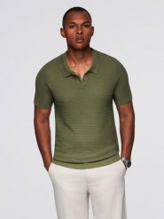 Męska dzianinowa koszulka polo bez zapięcia oliwkowa V1 OM-POSS-0157 XL. Zielone koszulki polo męskie Ombre, m, bez wzorów, z dzianiny, bez kołnierzyka, bez ramiączek. Za 60.50 zł.