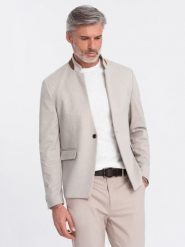 Melanżowa męska marynarka z dodatkiem rayonu ze stójką – beżowy melanż V3 - Rozmiar: L. Brązowe marynarki męskie Ombre Clothing, l, bez wzorów, z materiału. W wyprzedaży za 322.49 zł.