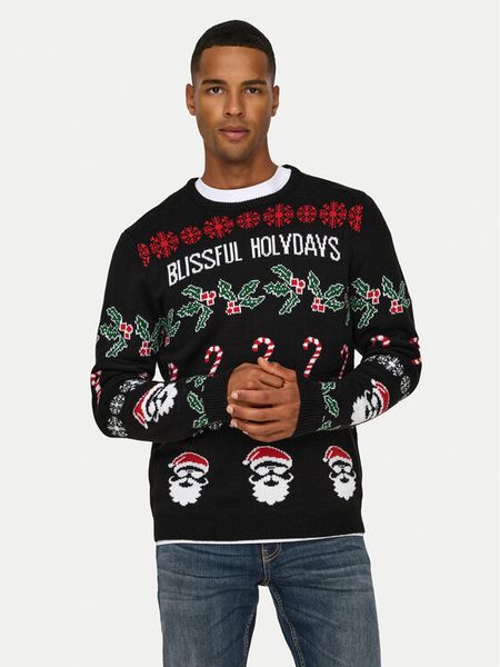 Only & Sons Sweter Xmas 22031171 Czarny Regular Fit. Czarne kardigany męskie Only & Sons, bez wzorów, z syntetyku, bez kołnierzyka, bez ramiączek. Za 139.99 zł.