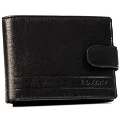 Duży, skórzany portfel męski w czarnym kolorze wyposażony w system RFID, zamykany zatrzaskiem - Rovicky. Czarne portfele męskie ROVICKY, bez wzorów, ze skóry. Za 59.99 zł.