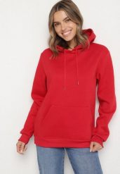 Czerwona Bluza z Kapturem i Kangurkową Kieszenią Envila. Czerwone bluzy z kapturem męskie Born2be, l, bez wzorów, z jeansu, z kapturem. Za 59.99 zł.
