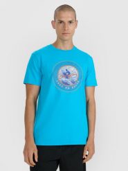 4F T-shirt regular z nadrukiem męski - niebieski M. Niebieskie t-shirty męskie 4f, m, bez wzorów, z bawełny, bez kołnierzyka, bez ramiączek. Za 69.99 zł.