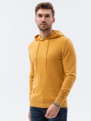 Sweter męski z kapturem - musztardowy V4 - Rozmiar: XXL. Swetry męskie Ombre Clothing, bez wzorów, z bawełny, bez kołnierzyka, bez ramiączek. W wyprzedaży za 49.99 zł.
