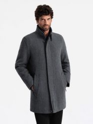 Męski płaszcz zimowy z wełną i pikowaną podpinką – grafitowy melanż V1 OM-COWC-0116 - XXL. Szare płaszcze męskie Ombre Clothing, na zimę, m, bez wzorów, z poliesteru, bez kaptura. Za 383.99 zł.
