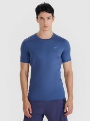 4F Koszulka do biegania slim szybkoschnąca męska - granatowa S. Niebieskie t-shirty męskie 4f, m, bez wzorów, z dzianiny, bez kołnierzyka, bez ramiączek. W wyprzedaży za 99.99 zł.