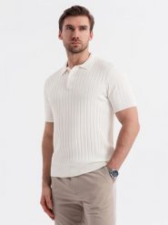 Męska koszulka polo z wiskozą SLIM FIT w pionowy prążek złamana biel V3 OM-POSS-0143 S. Koszulki polo męskie Ombre, m, bez wzorów, z wiskozy, bez kołnierzyka, bez ramiączek. Za 302.57 zł.