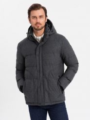 Casualowa męska kurtka puffer z wełną – czarny melanż V2 - Rozmiar: S. Czarne kurtki męskie Ombre Clothing, m, z aplikacjami, z materiału, bez ramiączek. W wyprzedaży za 464.99 zł.