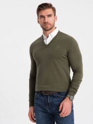 Sweter męski z dekoltem "w serek" z koszulowym kołnierzykiem - ciemnooliwkowy V5 - Rozmiar: S. Zielone swetry męskie Ombre Clothing, bez wzorów, z bawełny, klasyczne, bez kołnierzyka, bez ramiączek. W wyprzedaży za 69.99 zł.
