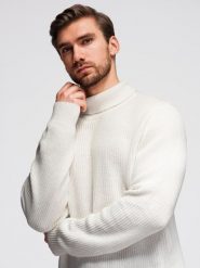 Klasyczny sweter męski z golfem z bawełny - biały V3 - Rozmiar: XXL. Białe swetry męskie Ombre Clothing, bez wzorów, z bawełny, biznesowe, bez kołnierzyka, bez ramiączek. Za 189.99 zł.