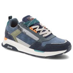 Sneakersy męskie Jeep, skórzane na platformie sznurowane i na zamek codzienne i sportowe, granatowe, JM51061A-016. Niebieskie buty sportowe na co dzień męskie Jeep, l, bez wzorów, z materiału, sportowe, bez ramiączek, bez kaptura, trekkingowe. Za 365.99 zł.