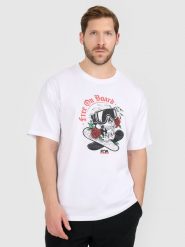 4F T-shirt loose z nadrukiem męski - biały XL. Białe t-shirty męskie 4f, m, bez wzorów, z bawełny, bez kołnierzyka, bez ramiączek. Za 79.99 zł.