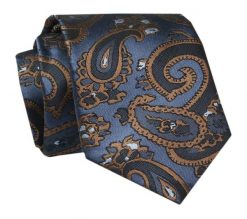 Męski Krawat - ALTIES - Klasyczny - Niebieski z Jasnobrązowym Motywem. Niebieskie krawaty i muchy męskie Alties, bez wzorów, z tkaniny, eleganckie. Za 49.00 zł.