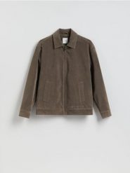 Kurtka bomberka z imitacji zamszu - ciemnoszary. Szare kurtki męskie Reserved, l, bez wzorów, bez ramiączek, bez kaptura. Za 259.99 zł.