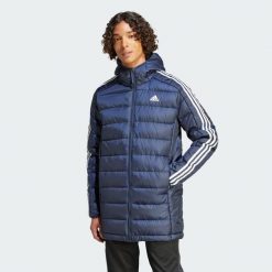 Essentials 3-Stripes Light Down Hooded Parka. Niebieskie parki męskie ADIDAS, m, bez wzorów, z materiału, bez kaptura. W wyprzedaży za 464.60 zł.