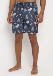 Granatowe Kąpielówki z Gumką w Pasie ze Sznurkiem w Ozdobny Print Elzubia. Niebieskie kąpielówki męskie Born2be, m, bez wzorów. Za 14.99 zł.